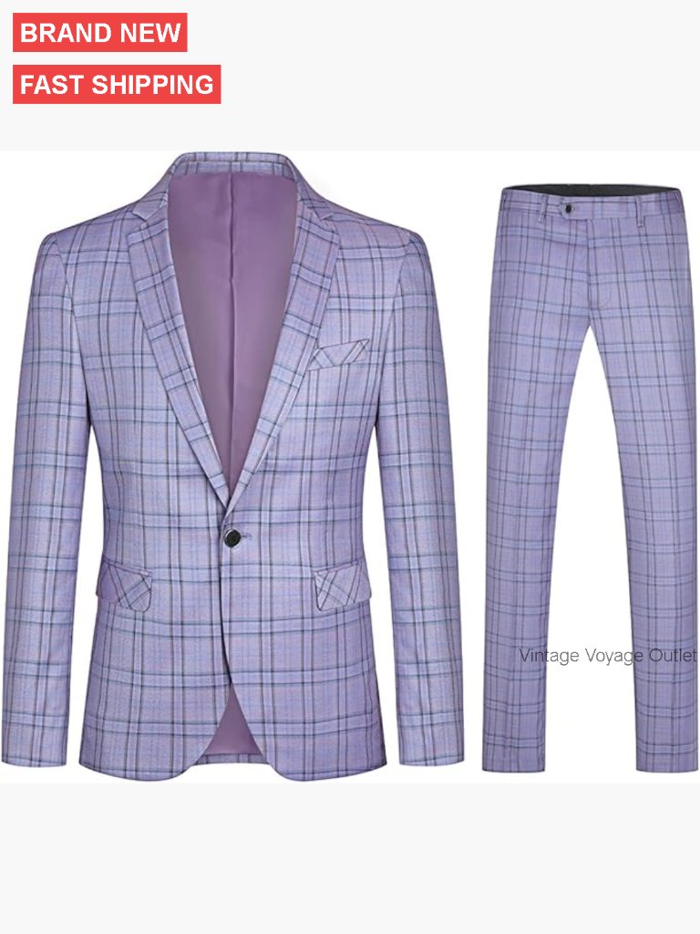 Slim Fit Plaid Suit Set With Blazer And Pants For Formal Occasions